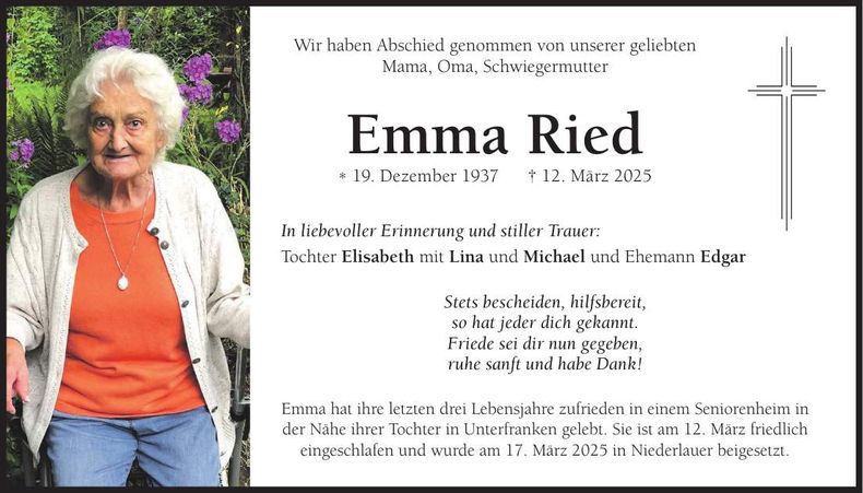 Traueranzeige Emma Ried