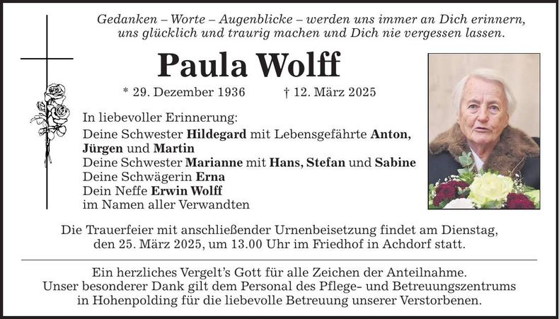 Traueranzeige Paula Wolff