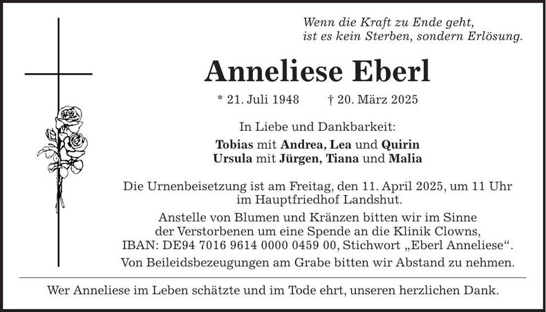Traueranzeige Anneliese Eberl
