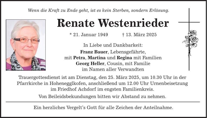 Traueranzeige Renate Westenrieder