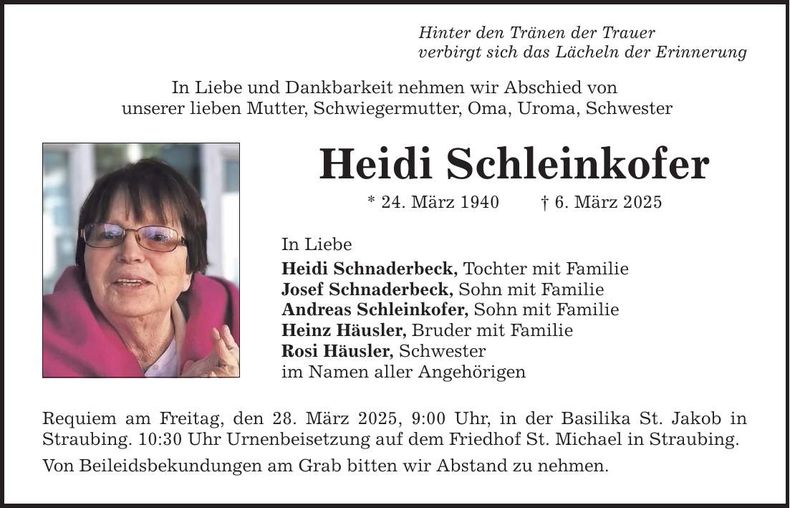 Traueranzeige Heidi Schleinkofer