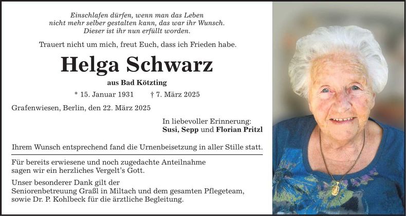 Traueranzeige Helga Schwarz