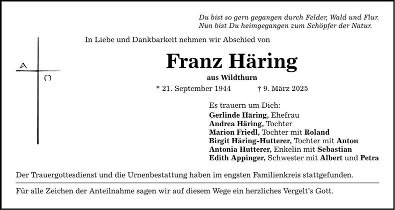 Traueranzeige Franz Häring