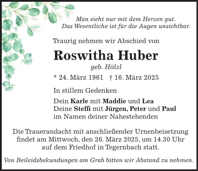 Traueranzeige Roswitha Huber
