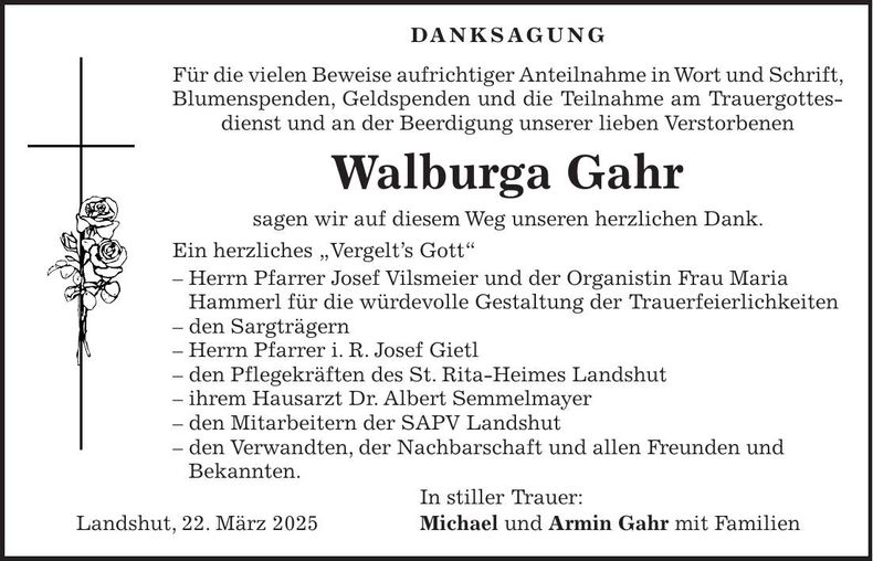 Traueranzeige Walburga Gahr