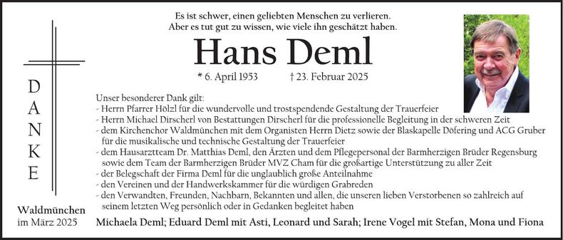 Traueranzeige Hans Deml