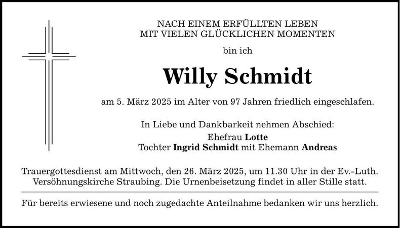 Traueranzeige Schmidt Willy
