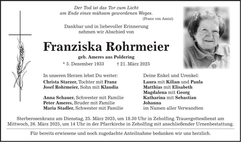 Traueranzeige Franziska Rohrmeier