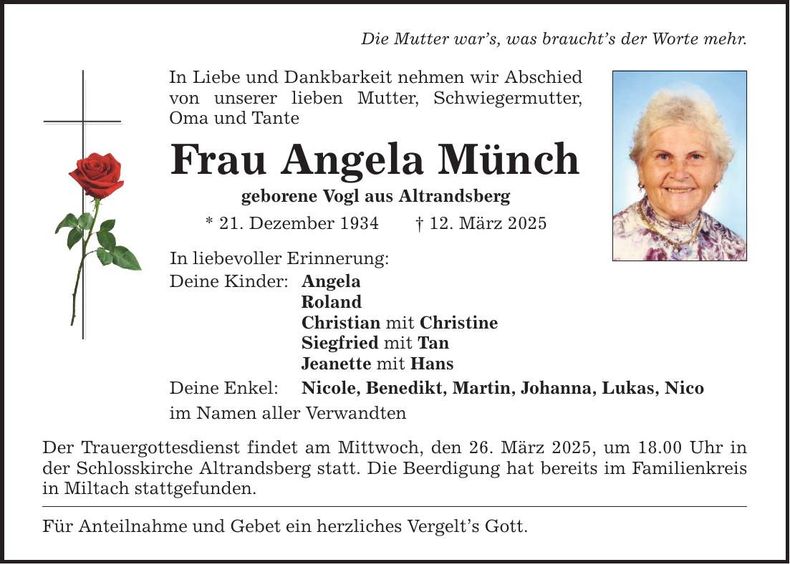 Traueranzeige Angela Münch