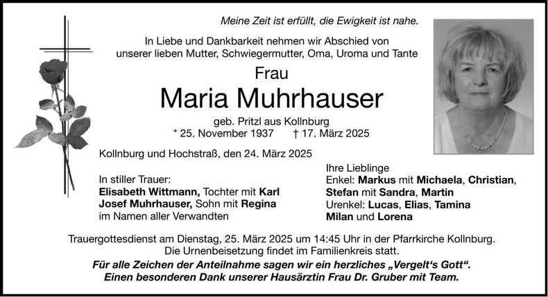 Traueranzeige Maria Muhrhauser