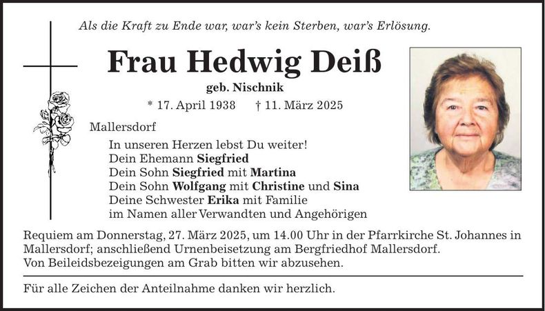 Traueranzeige Hedwig Deiß