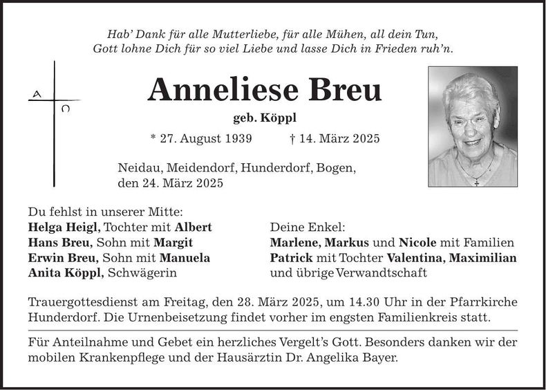 Traueranzeige Anneliese Breu