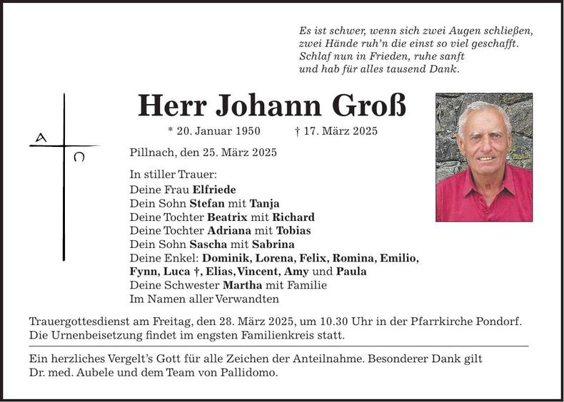 Traueranzeige Johann Groß