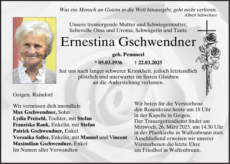 Traueranzeige Ernestina Gschwendner
