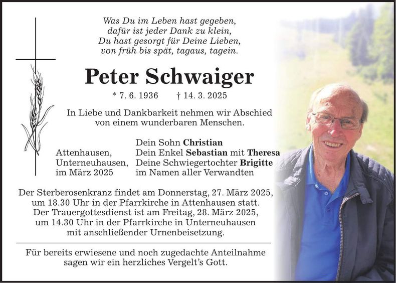 Traueranzeige Peter Schwaiger
