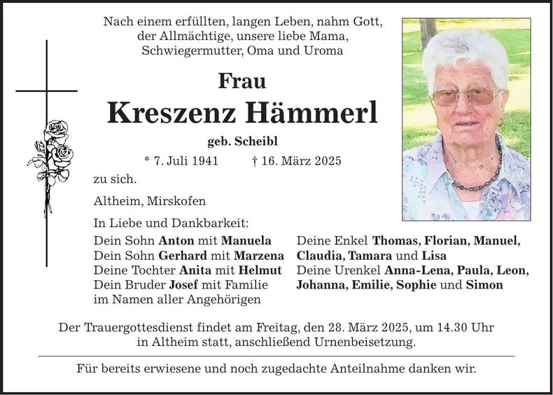 Traueranzeige Kreszenz Hämmerl