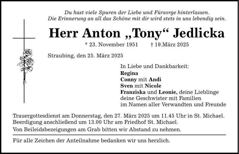 Traueranzeige Anton "Tony" Jedlicka
