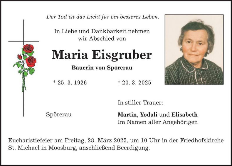 Traueranzeige Maria Eisgruber