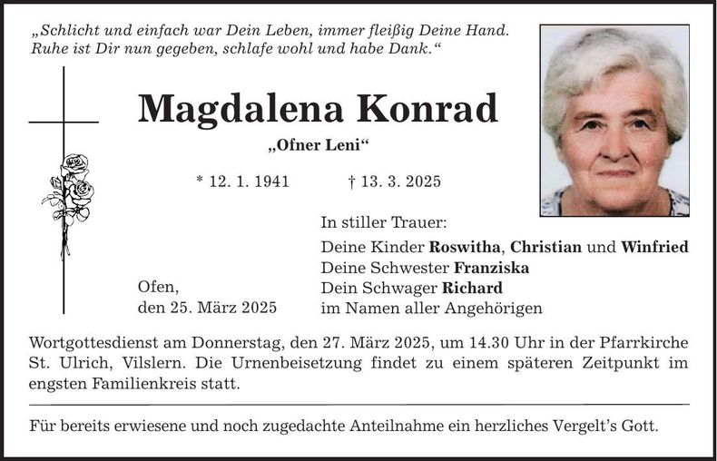 Traueranzeige Magdalena Konrad