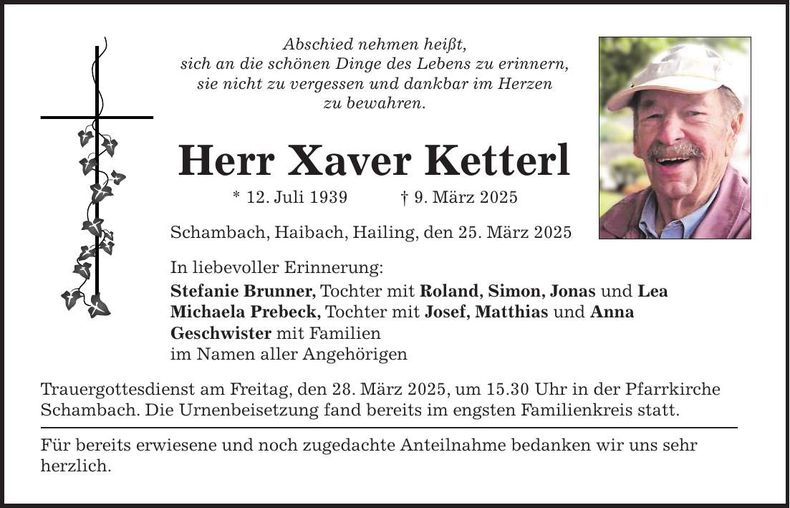 Traueranzeige Xaver Ketterl
