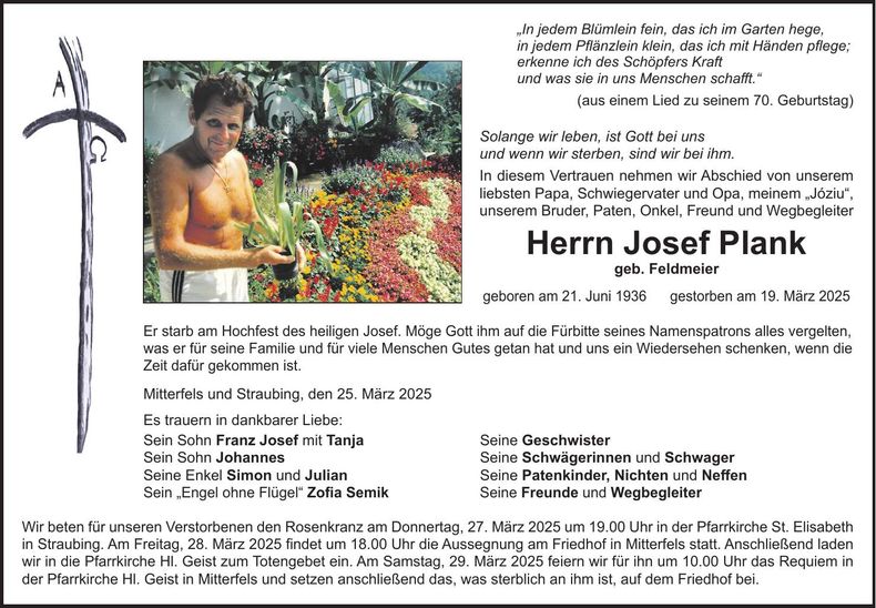 Traueranzeige Josef Plank