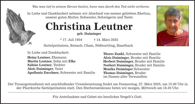 Traueranzeige Christine Leutner