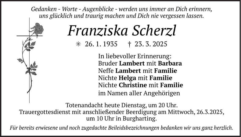 Traueranzeige Franziska Scherzl