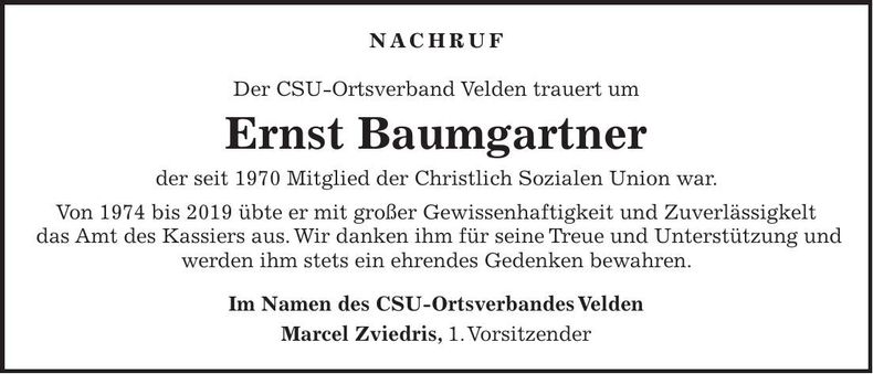 Traueranzeige Ernst Baumgartner