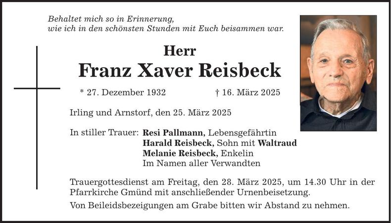Traueranzeige Franz Reisbeck