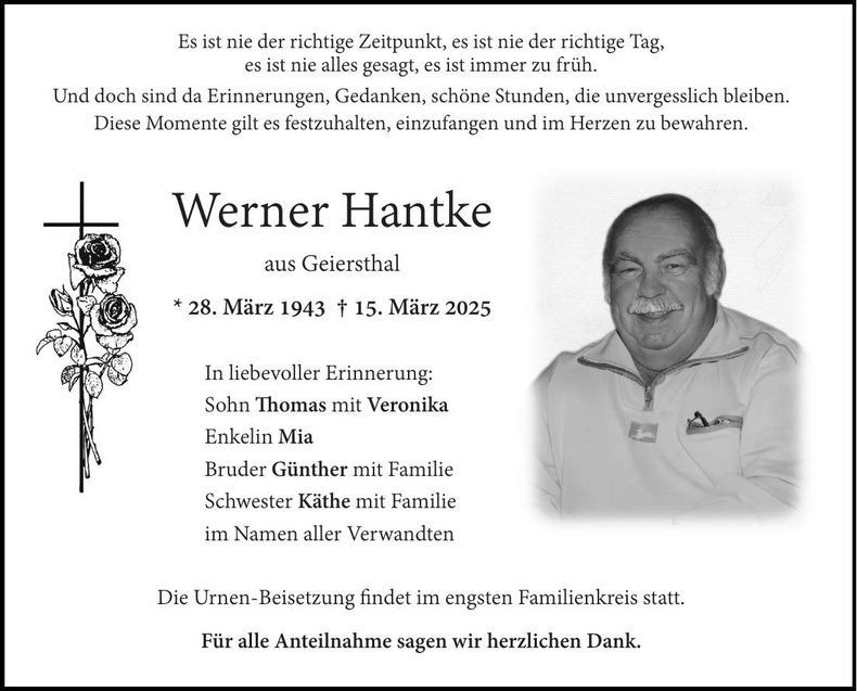 Traueranzeige Werner Hantke