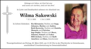 Traueranzeige Wilma Sakowski