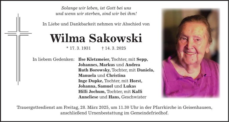 Traueranzeige Wilma Sakowski