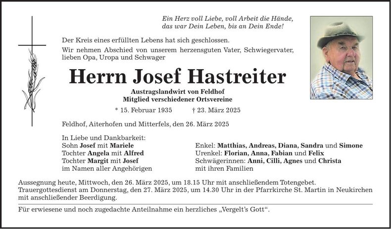 Traueranzeige Josef Hastreiter