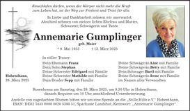 Traueranzeige Annemarie Gumplinger
