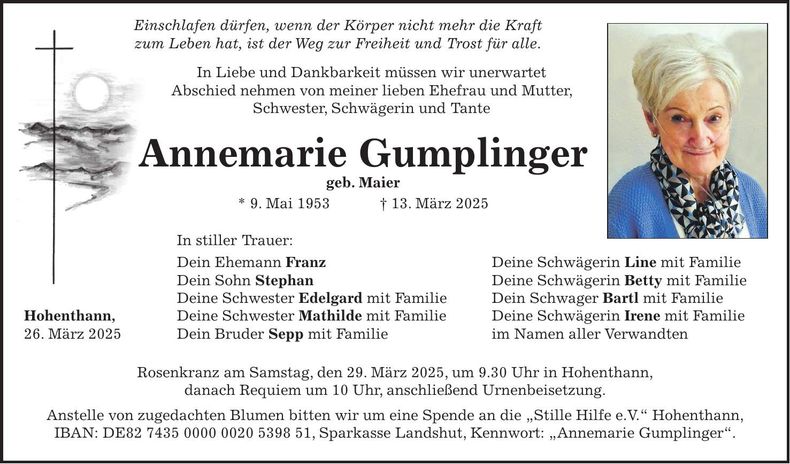 Traueranzeige Annemarie Gumplinger