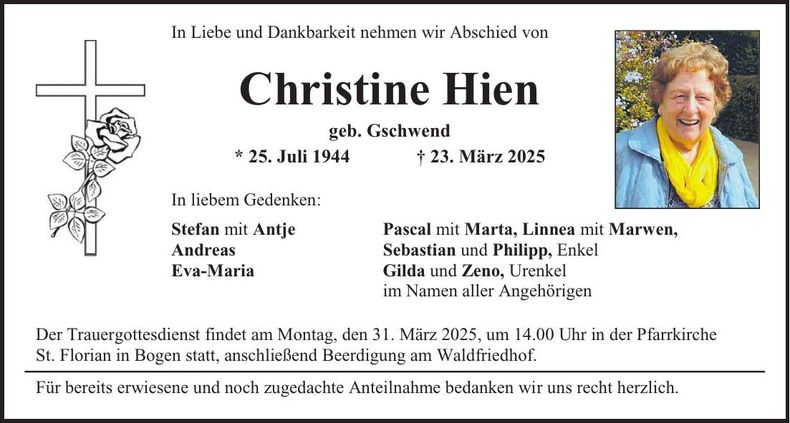Traueranzeige Christine Hien