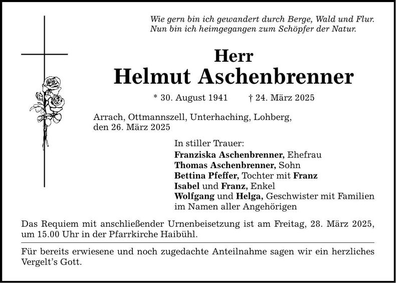 Traueranzeige Helmut Aschenbrenner