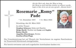 Traueranzeige Rosemarie Pade
