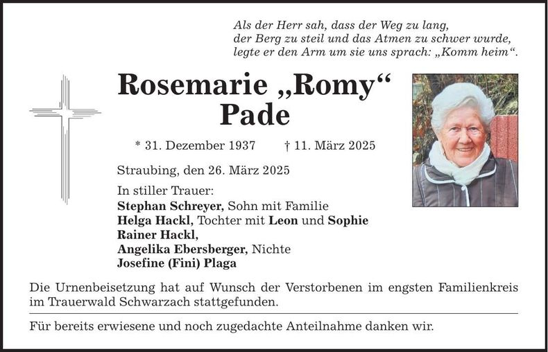 Traueranzeige Rosemarie Pade
