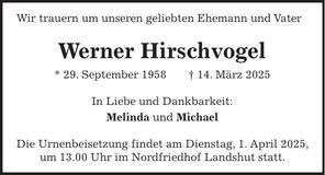 Traueranzeige Werner Hirschvogel