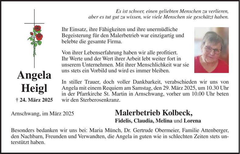 Traueranzeige Angela Heigl