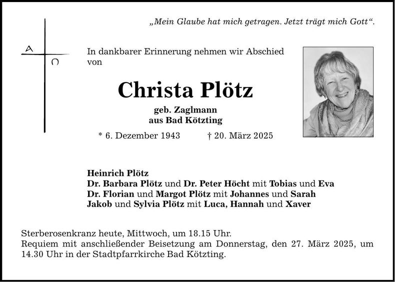Traueranzeige Christa Plötz