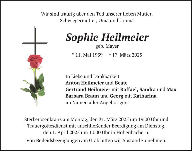 Traueranzeige Sophie Heilmeier