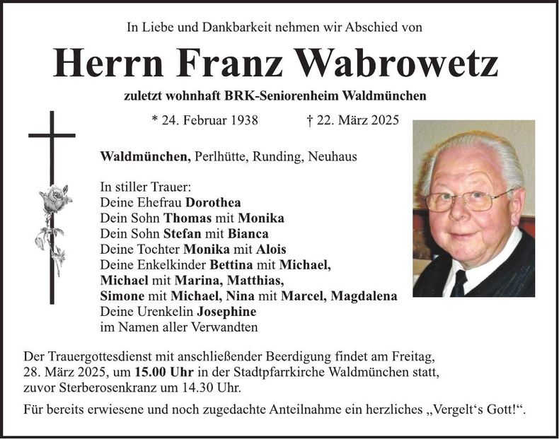 Traueranzeige Franz Wabrowetz