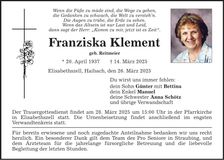 Traueranzeige Franziska Klement