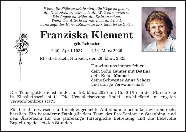 Traueranzeige Franziska Klement