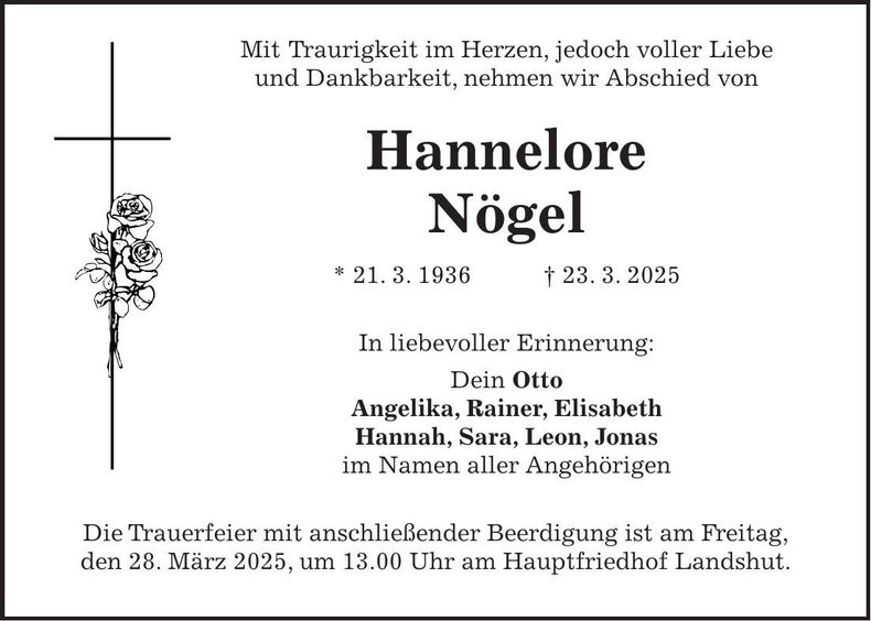 Traueranzeige Hannelore Nögel