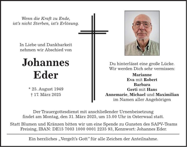 Traueranzeige Johannes Eder