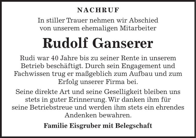 Traueranzeige Rudolf Ganserer