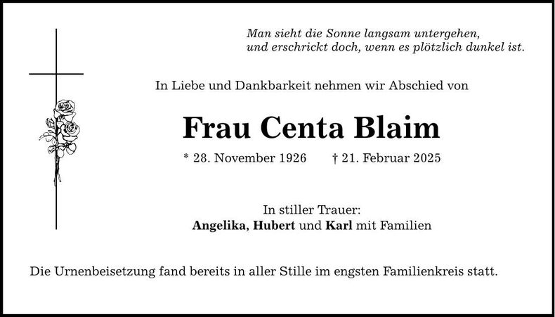 Traueranzeige Centa Blaim